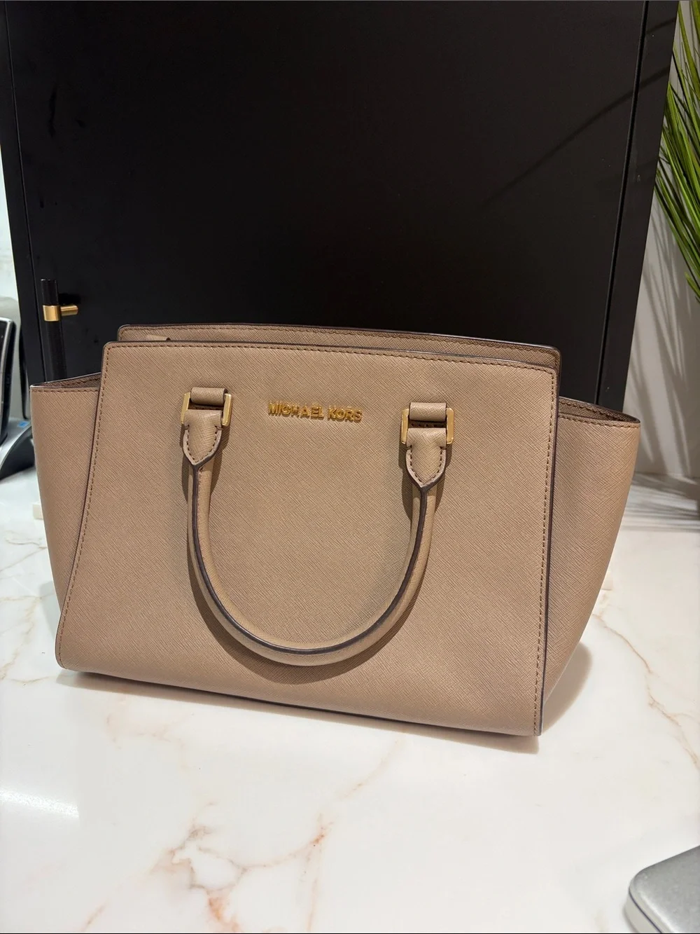 Michael Kors Taupe Saffiano Leather Satchel with Gold Hardware